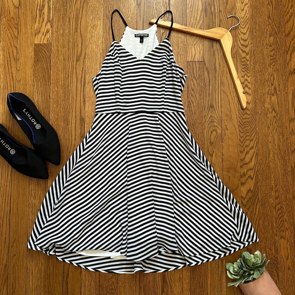 Express White & Black Striped A-Line Sleeveless Dress